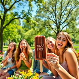 A vibrant scene featuring a group of young adults joyfully enjoying chocolate ice cream popsicles in a sunny park
