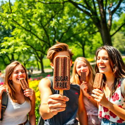 A vibrant scene featuring a group of young adults joyfully enjoying chocolate ice cream popsicles in a sunny park