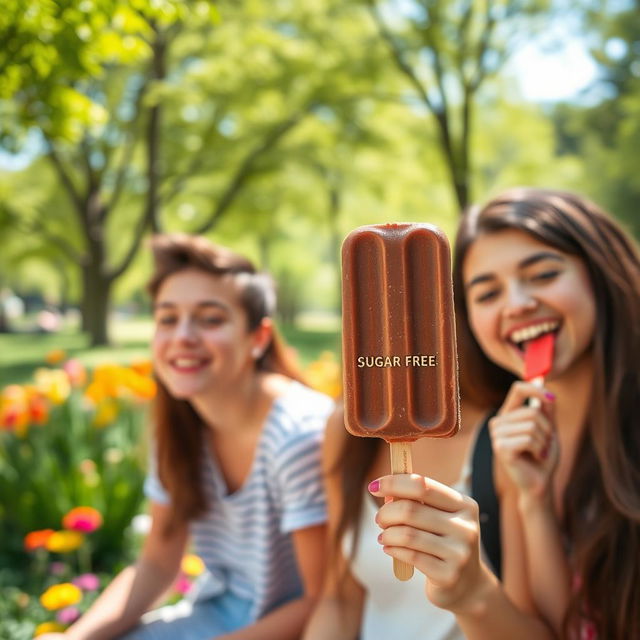 A vibrant scene featuring a group of young adults joyfully enjoying chocolate ice cream popsicles in a sunny park