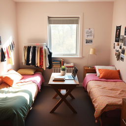 A cozy dorm room featuring two neatly made beds with colorful bed linens, a small cloth rack filled with assorted clothes, and a sturdy wooden table in the center adorned with books and a laptop