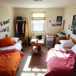 A cozy dorm room featuring two neatly made beds with colorful bed linens, a small cloth rack filled with assorted clothes, and a sturdy wooden table in the center adorned with books and a laptop