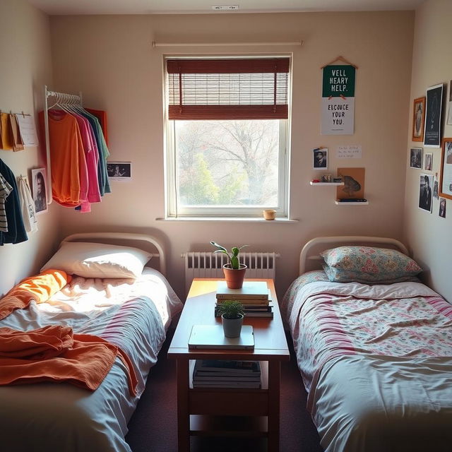 A cozy dorm room featuring two neatly made beds with colorful bed linens, a small cloth rack filled with assorted clothes, and a sturdy wooden table in the center adorned with books and a laptop