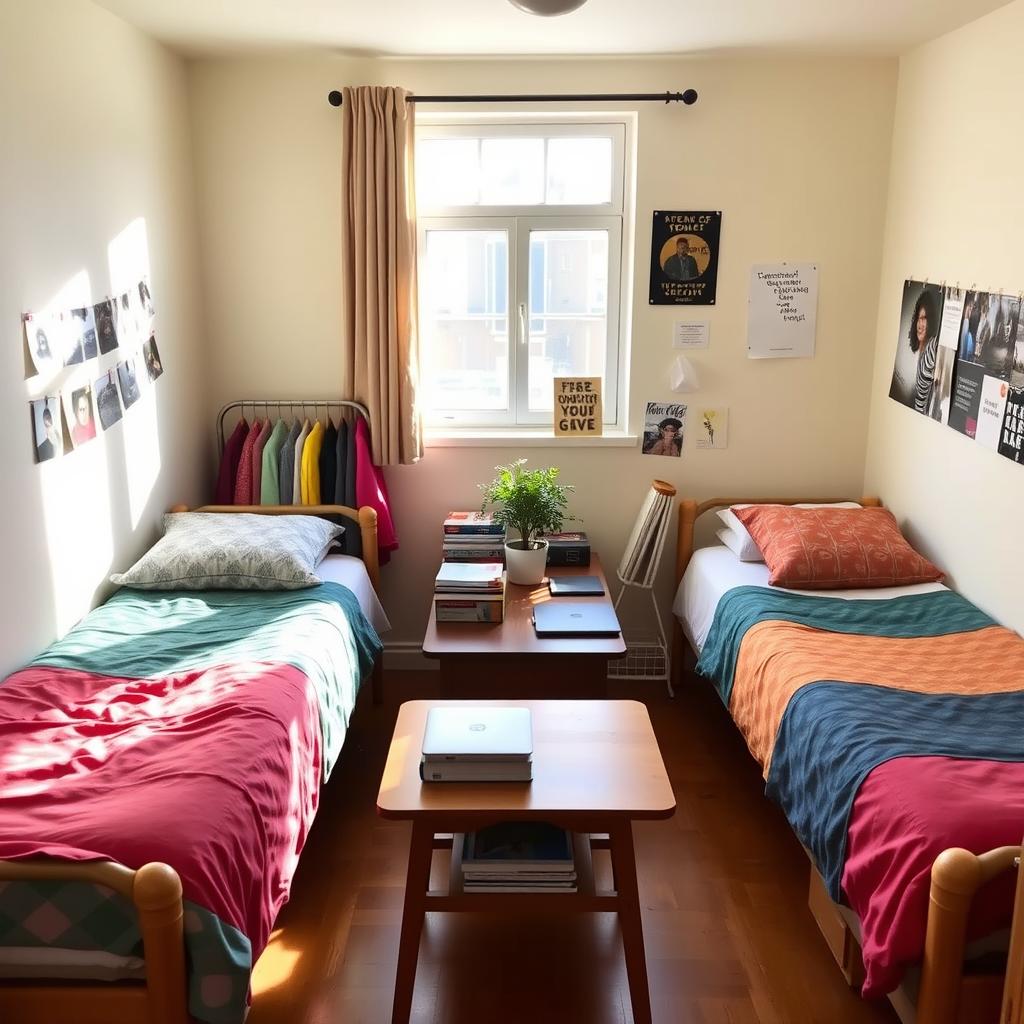 A cozy dorm room featuring two neatly made beds with colorful bed linens, a small cloth rack filled with assorted clothes, and a sturdy wooden table in the center adorned with books and a laptop