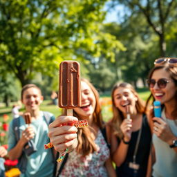 A lively and fun scene featuring a group of young adults enjoying chocolate ice cream popsicles in a sunny park