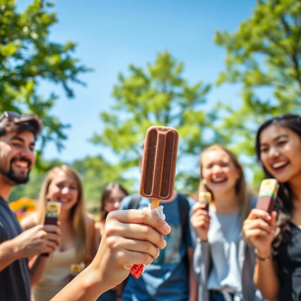 A lively and fun scene featuring a group of young adults enjoying chocolate ice cream popsicles in a sunny park