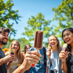 A lively and fun scene featuring a group of young adults enjoying chocolate ice cream popsicles in a sunny park