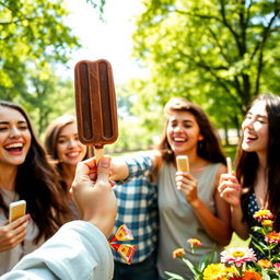 A lively and fun scene featuring a group of young adults enjoying chocolate ice cream popsicles in a sunny park