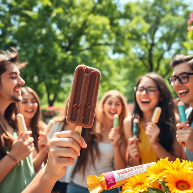 A lively and fun scene featuring a group of young adults enjoying chocolate ice cream popsicles in a sunny park