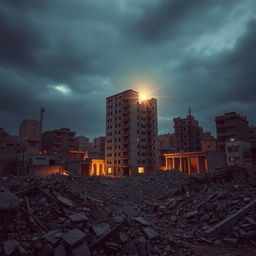 A striking image depicting a single, undamaged concrete and steel building standing resiliently amidst the ruins of an earthquake-stricken city