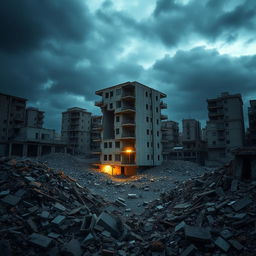 A striking image depicting a single, undamaged concrete and steel building standing resiliently amidst the ruins of an earthquake-stricken city