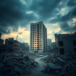 A striking image depicting a single, undamaged concrete and steel building standing resiliently amidst the ruins of an earthquake-stricken city