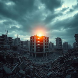 A striking image depicting a single, undamaged concrete and steel building standing resiliently amidst the ruins of an earthquake-stricken city