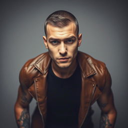 A handsome man captured in a striking eye-level photograph with a serious expression