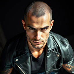 A handsome man captured in a striking eye-level photograph with a serious expression