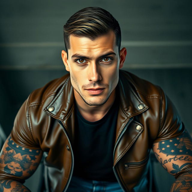 A handsome man captured in a striking eye-level photograph with a serious expression