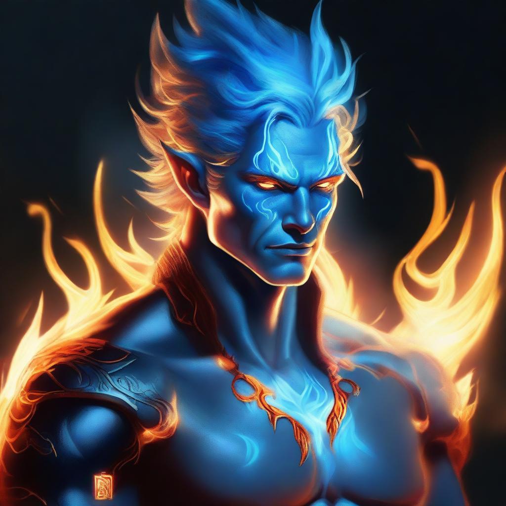 An exquisite digital art portrait of a male fire genasi