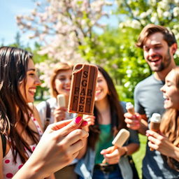 A lively scene featuring a group of young adults enjoying chocolate ice cream popsicles in a sunny park