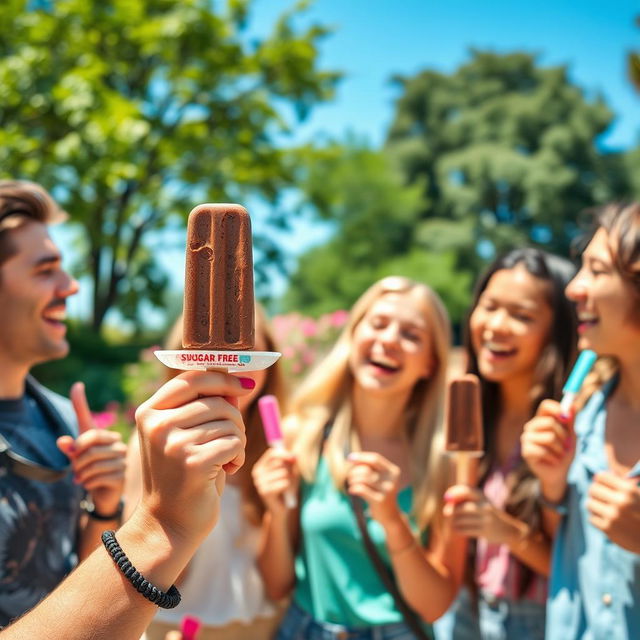 A lively scene featuring a group of young adults enjoying chocolate ice cream popsicles in a sunny park