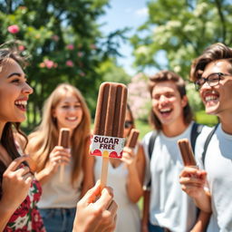 A lively scene featuring a group of young adults enjoying chocolate ice cream popsicles in a sunny park