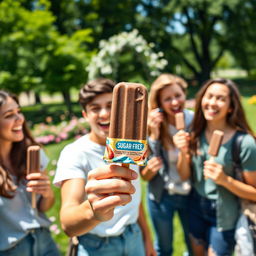 A lively scene featuring a group of young adults enjoying chocolate ice cream popsicles in a sunny park