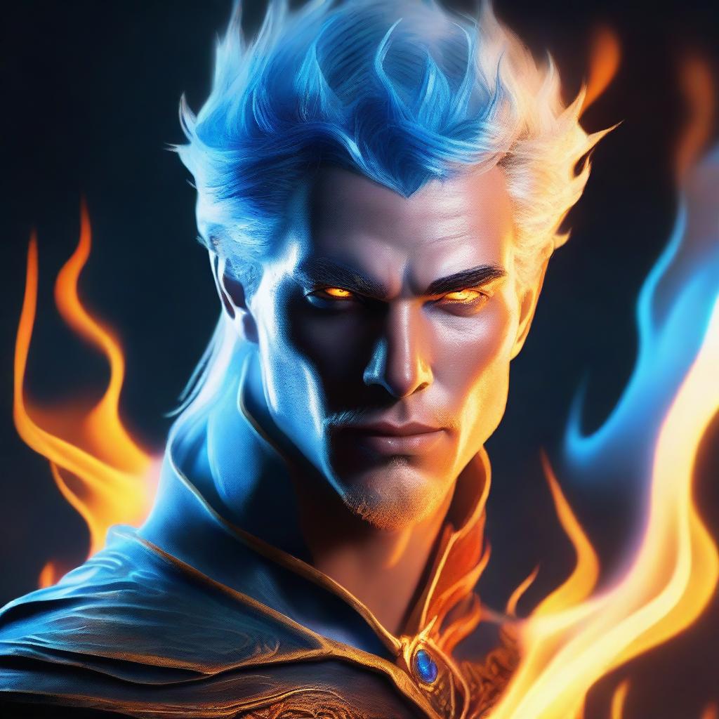 An exquisite digital art portrait of a male fire genasi