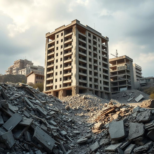 A powerful image of one undamaged building standing tall amidst the rubble of an earthquake-stricken landscape