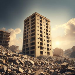A powerful image of one undamaged building standing tall amidst the rubble of an earthquake-stricken landscape