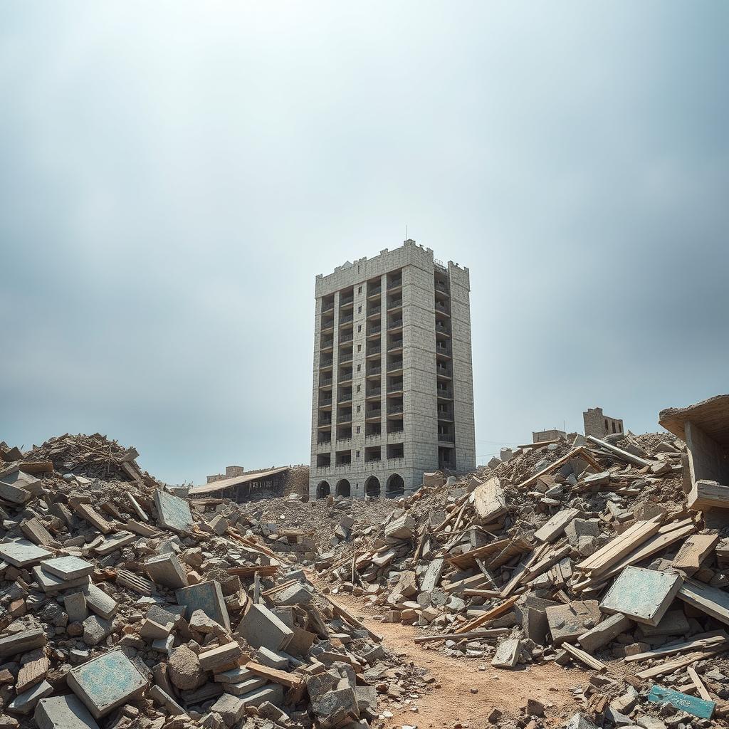 A powerful image of one undamaged building standing tall amidst the rubble of an earthquake-stricken landscape