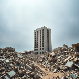 A powerful image of one undamaged building standing tall amidst the rubble of an earthquake-stricken landscape