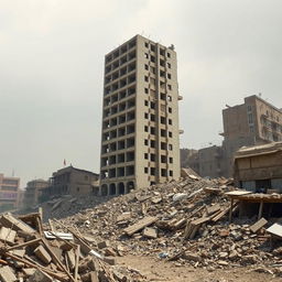 A powerful image of one undamaged building standing tall amidst the rubble of an earthquake-stricken landscape