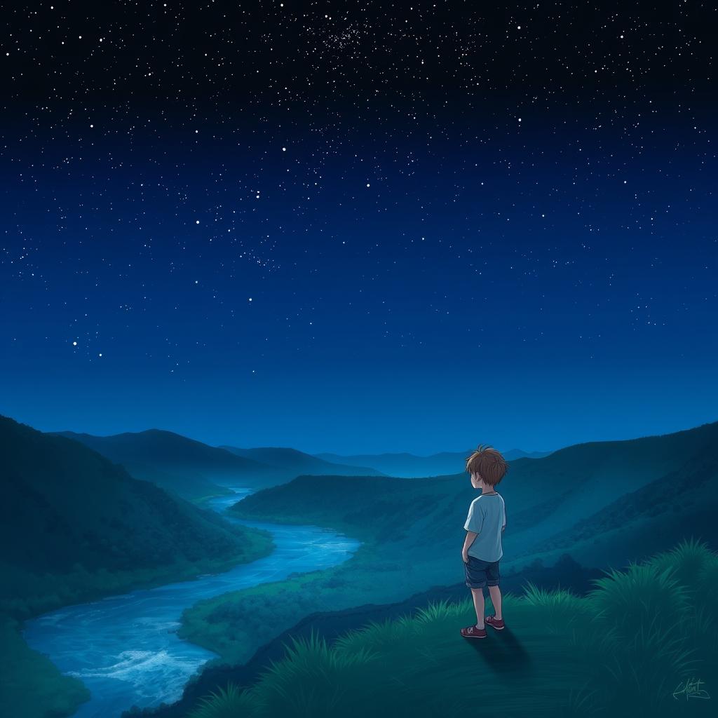 A nighttime scene with a clear starry sky above