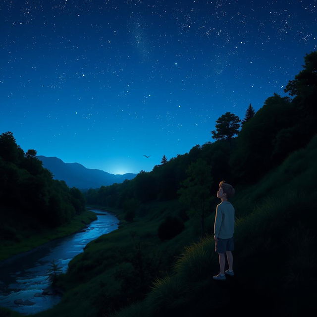 A nighttime scene with a clear starry sky above