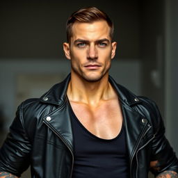A handsome man with a serious expression, embodying confidence and strength