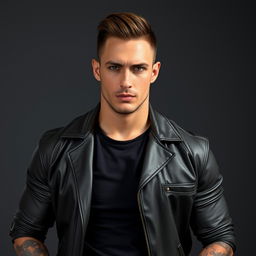 A handsome man with a serious expression, embodying confidence and strength