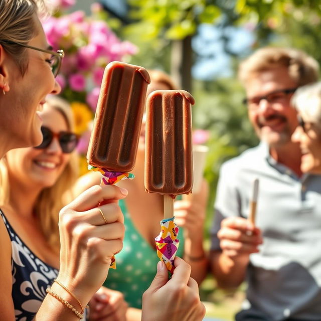 A cheerful scene depicting a group of adults enjoying chocolate ice cream popsicles in a sunny outdoor setting