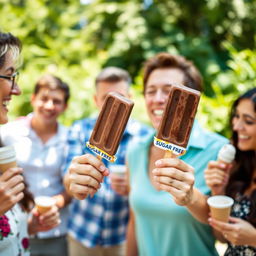 A cheerful scene depicting a group of adults enjoying chocolate ice cream popsicles in a sunny outdoor setting