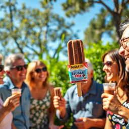 A cheerful scene depicting a group of adults enjoying chocolate ice cream popsicles in a sunny outdoor setting
