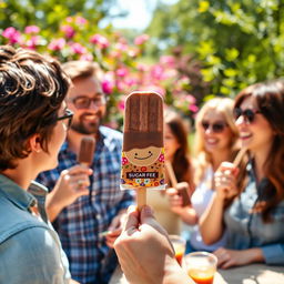 A cheerful scene depicting a group of adults enjoying chocolate ice cream popsicles in a sunny outdoor setting