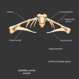 A detailed anatomical diagram of the human collarbone (clavicle), prominently featuring both the sternal end and the acromial end