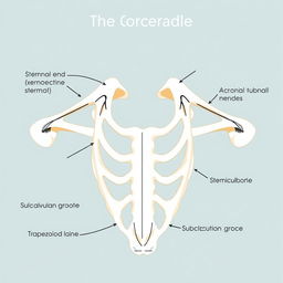 A detailed anatomical diagram of the human collarbone (clavicle), prominently featuring both the sternal end and the acromial end