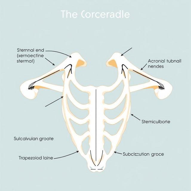 A detailed anatomical diagram of the human collarbone (clavicle), prominently featuring both the sternal end and the acromial end