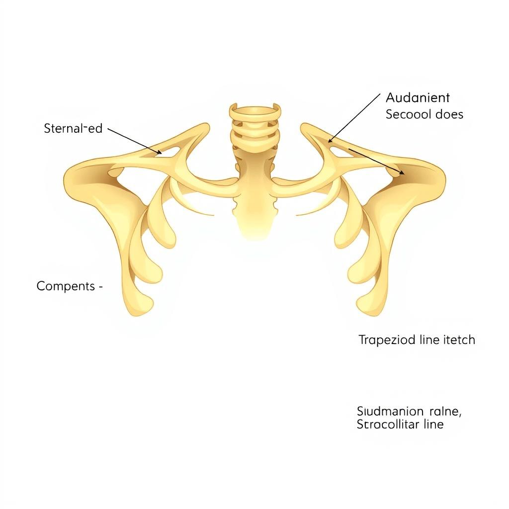 A detailed anatomical diagram of the human collarbone (clavicle), prominently featuring both the sternal end and the acromial end