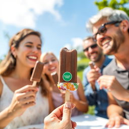 A delightful scene featuring a group of adults enjoying chocolate ice cream popsicles in a cheerful outdoor setting