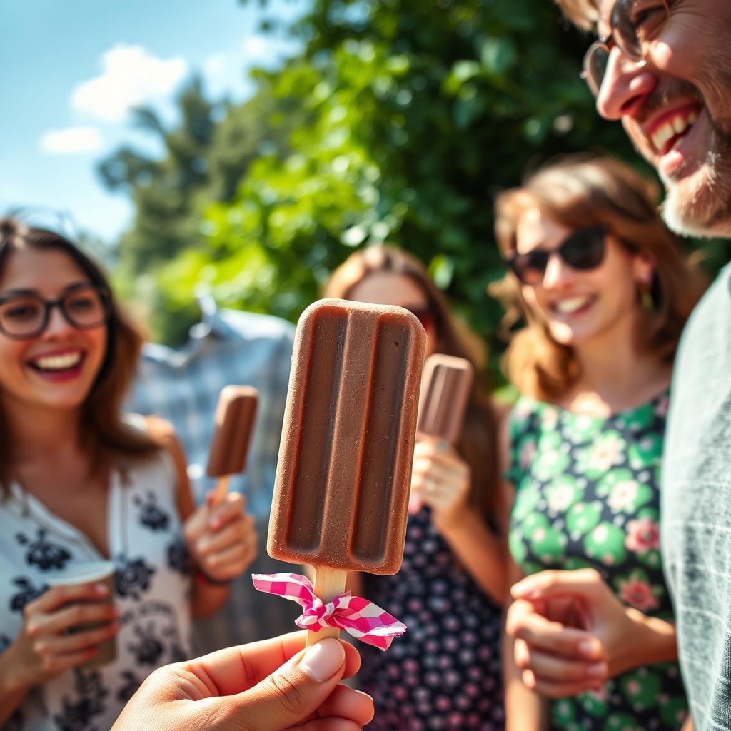 A delightful scene featuring a group of adults enjoying chocolate ice cream popsicles in a cheerful outdoor setting