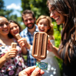 A delightful scene featuring a group of adults enjoying chocolate ice cream popsicles in a cheerful outdoor setting