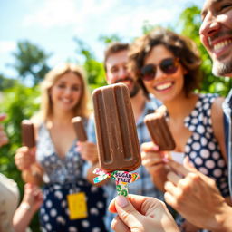 A delightful scene featuring a group of adults enjoying chocolate ice cream popsicles in a cheerful outdoor setting