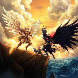An epic anime battle scene featuring 'Angeles del Cielo' (Angels of Heaven) and 'Angeles Caídos' (Fallen Angels)
