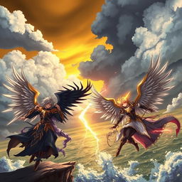 An epic anime battle scene featuring 'Angeles del Cielo' (Angels of Heaven) and 'Angeles Caídos' (Fallen Angels)