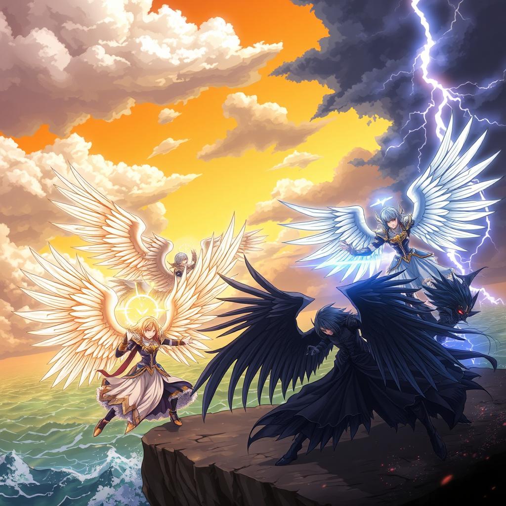 An epic anime battle scene featuring 'Angeles del Cielo' (Angels of Heaven) and 'Angeles Caídos' (Fallen Angels)