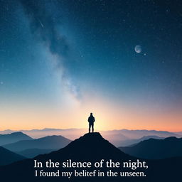 A visually inspiring and thought-provoking poster depicting a serene natural landscape under a starry night sky, symbolizing the wonders of the universe